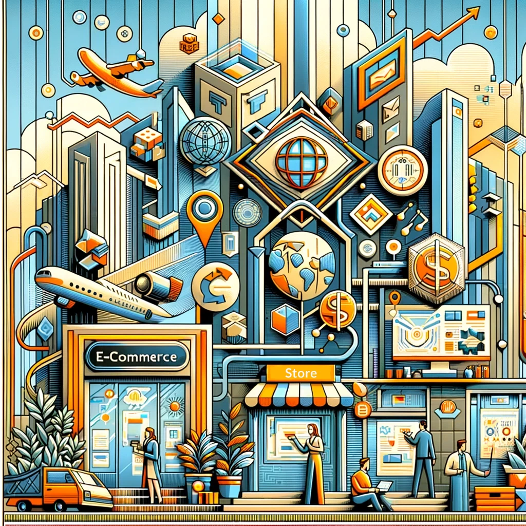 Illustration of digital retailing in Asia-Pacific, in art deco style.