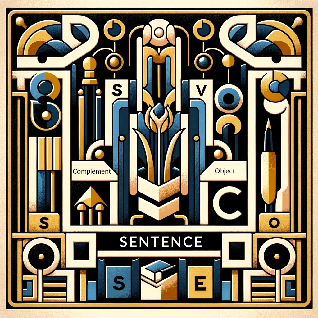 Art Deco style representation of sentence structure. The image should feature stylized, geometric shapes.