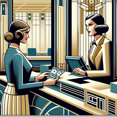 A medium-shot illustration in art deco style of a client talking to a bank teller behind her counter