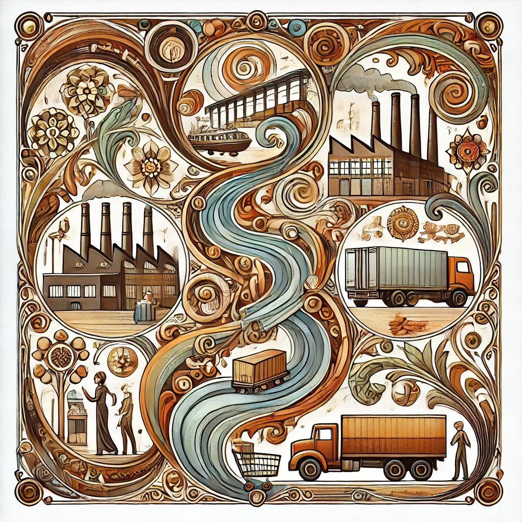 Art deco illustration about supply chain management and retail